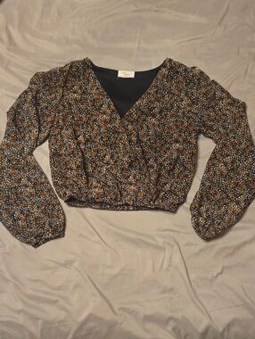 Japna Black Floral Long Sleeve Cropped V-Neck Top